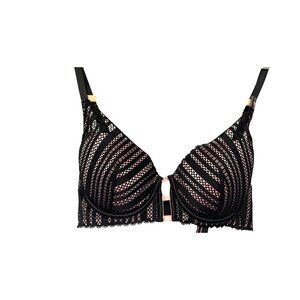 Victorias Secret Lined Plunge Bra 32DD Adjustable Straps Black & Dusty Pink Lace